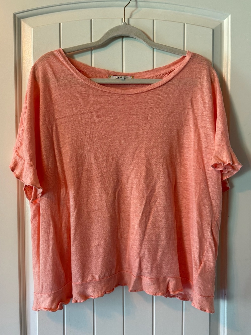 Eri & Ali Relaxed Coral Short Sleeve Ruffle-Hem Open Back Top Linen